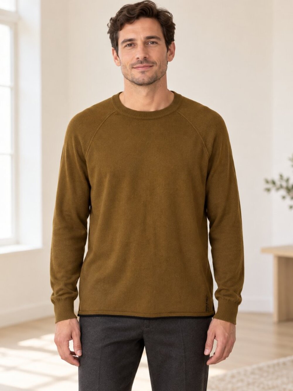 Scotch & Soda Mens Cashmere Sweater Large Olive Brown Crew Neck Raglan Pullover
